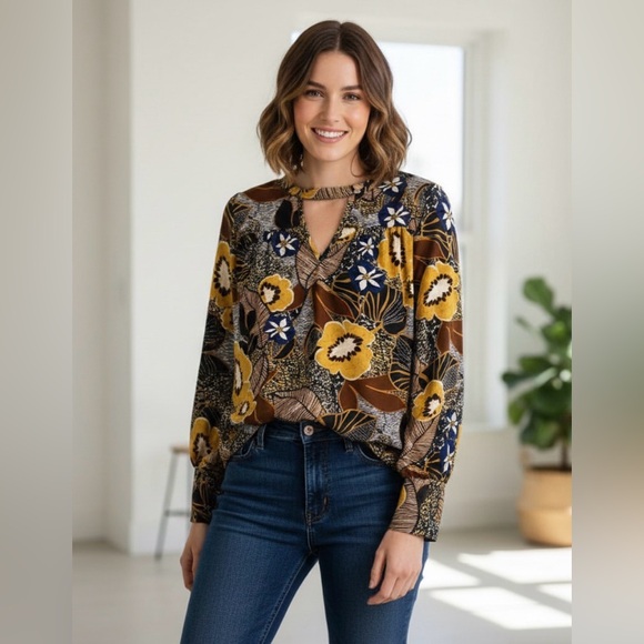 K & C Tops - K&C Floral Keyhole Neck Long Sleeve Blouse - Mustard/Navy/Brown - Size Medium